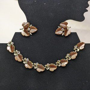 Mid-Century Brown Leaf Lucite Aurora Borealis Rhinestone Necklace & Earrings Set